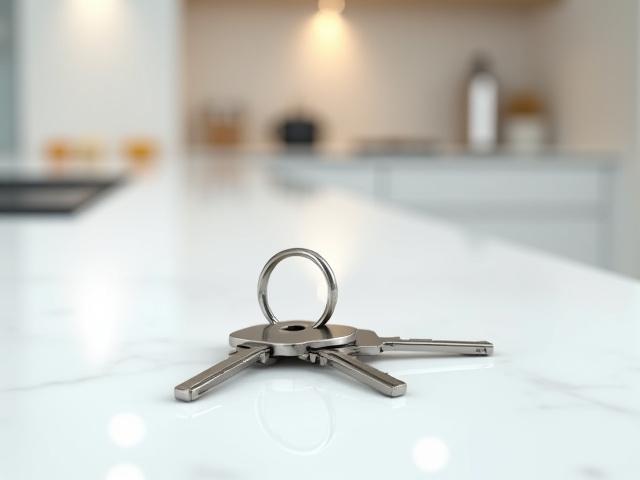 Set of shiny house keys resting on a spotless, gleaming kitchen countertop